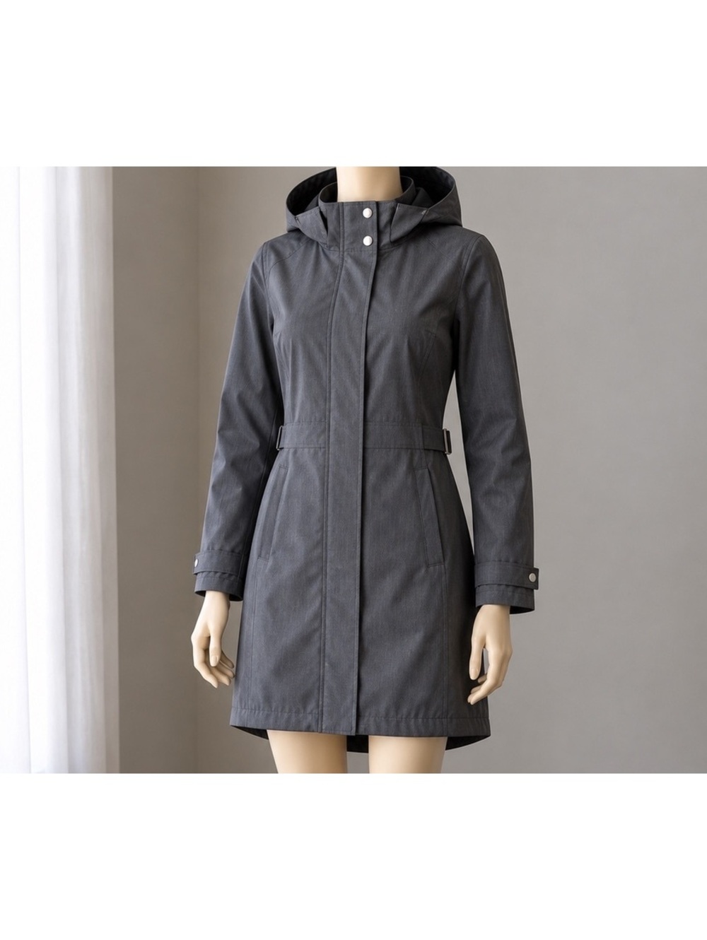 Kirkland Women’s S Gray Hooded Rain Coat Jacket Trench Belted Waterproof